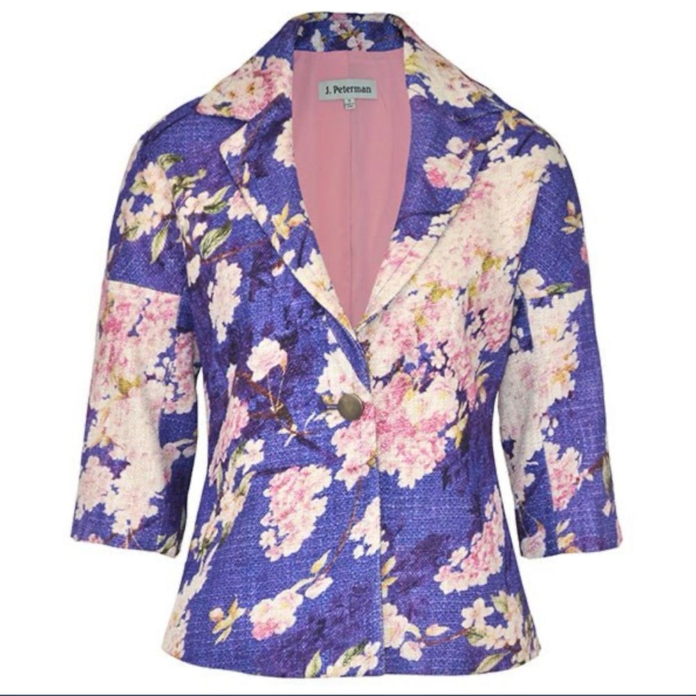 J. Peterman Purple Pink Woven Cotton Tweed Cherry Blossom Blazer Jacket Size 8
